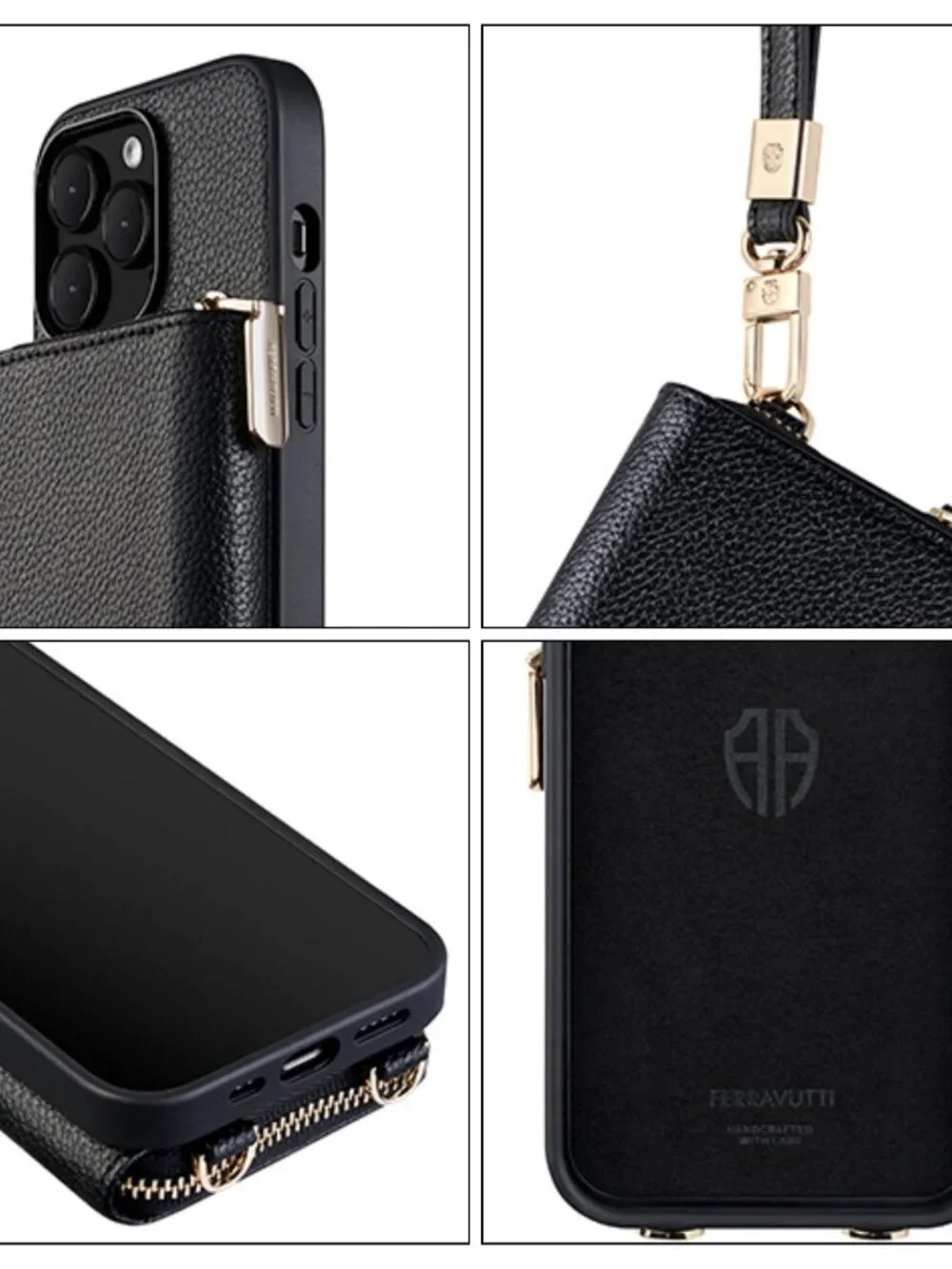 iPhone 13 Pro Crossbody Zipper Wallet Phone Case Black Vegan Leather